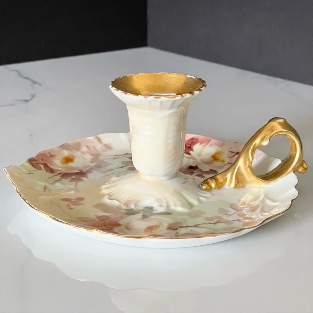 Floral & Gold Candle Holder with Handle - J.P. Limoges